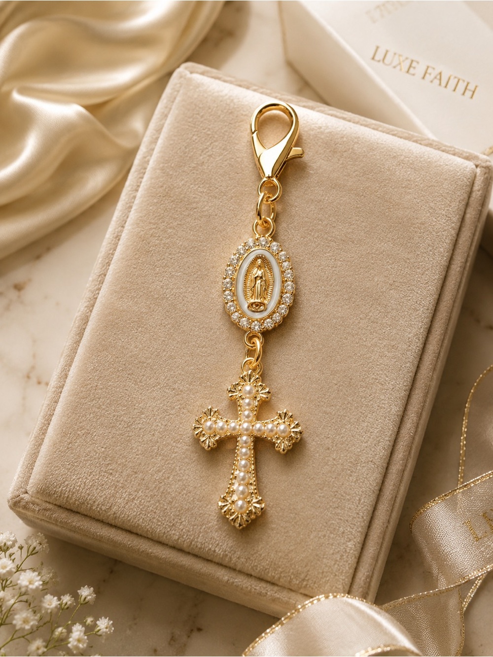 Gold Pearl Cross Charm Keychain